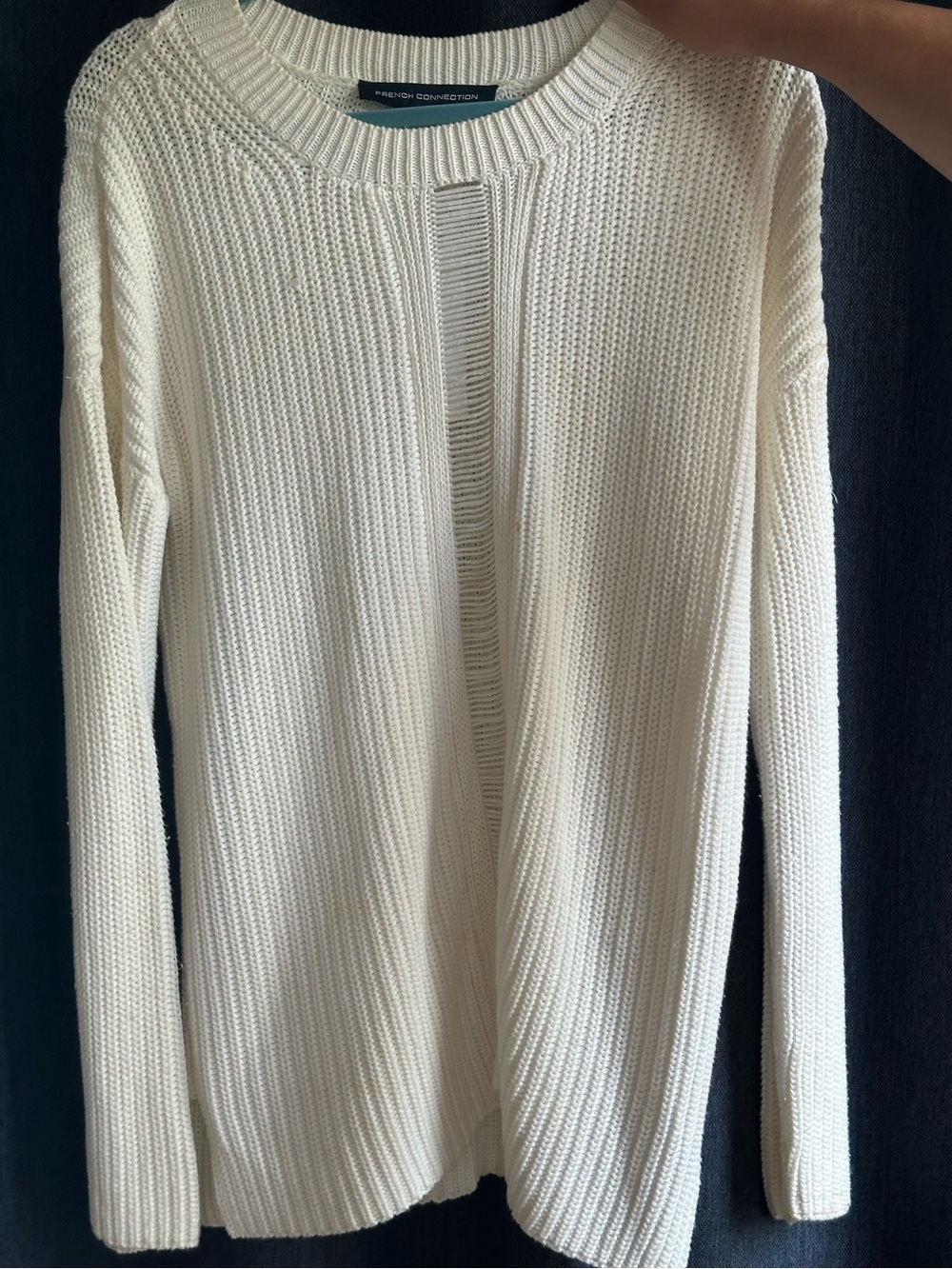 French Connection Cream Ribbed Crew Sweater with Front Slit